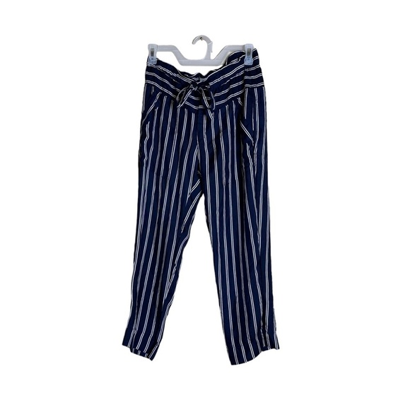 Joie Blue and White Stripe Silk Cropped Drawstring Trouser Pants - Picture 1 of 7